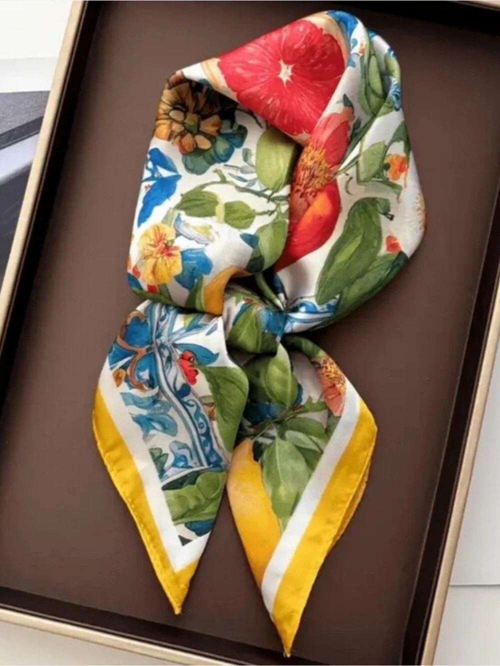 Silk-feel Bright Citrus Floral Silk Scarf - Yellow Trim Head & Neck Scarf